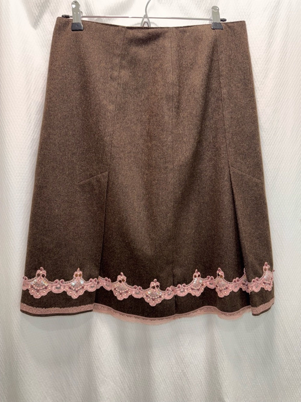 Express Brown A-Line KneeY2K Cottagecore Wool Blend Pink Sequin Lace Hem Skirt 6